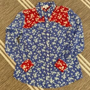 HVN 100% Silk Floral Blue and Red Women's Button Up Western Style Blouse Medium